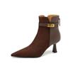 2025 Otoño e Invierno Nuevo Estilo Botines Cortos de Piel de Oveja Retro Francés Tacones Altos de Aguja Moda Punta Afilada Combinación de Colores Hebilla de Bloqueo Botas
