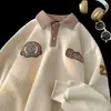 Sudadera Waffle para Hombre Primavera Otoño Marca de Moda Bordado Cuello Americano Retro Pesada Pareja Manga Larga Chaqueta Camisa POLO
