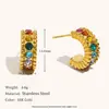 Brincos de Argola em Aço Inoxidável Europeus e Americanos Transfronteiriços Moda Luxo Leve Personalidade para o Dia a Dia Argolas em Formato C Brincos Coloridos com Zircônia Banhados em Aço Titânio Ouro 18K