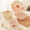 Adorable Set de Vajilla de Cerámica Oso Corazón para Uso Doméstico, Bol de Arroz de Cerámica con Color Bajo Esmalte, Bol de Doble Asa, Plato de Cena de Alto Valor