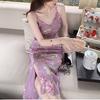 Serie Begonia Blossom Seda Corte al Bies Temperamento Estampado Tirantes Halter Cuello en V Abertura Vestido