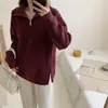 Suéter com meio zíper estilo europeu e americano para mulheres, nova coleção outono/inverno 2026, blusa de tricô de manga longa com modelagem solta e barra com fenda