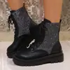 Novas Botas Martin de Cadarço com Renda e Lantejoulas Outono 2025 para Mulheres, Tamanho Grande, Plataforma de Solado Grosso, Emagrecimento, Estilo Europeu e Americano, Botas Curtas de Bico Redondo