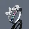 Moda coreana anillo de pareja simple anillo de pareja mariposa doble fila microincrustación anillo de mujer anillo de circonita arcoíris de siete colores r7413