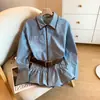 Camisa Listrada Color-Block Retro Americana Outono 2026 para Mulheres, Solta e Versátil, Top Chic Azul de Manga Longa Único