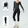 Conjunto de yoga de alta qualidade para mulheres, primavera e outono, top de manga longa com proteção solar, calça de yoga de cintura alta com efeito bumbum de pêssego, fitness Pilates