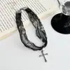 Colar de Renda Super Fada Estilo Francês com Pingente de Cruz, Corrente de Pescoço Atmosférica e Elegante, Joia de Corrente para Clavícula Estilo Doce e Cool