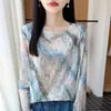 Camiseta larga de manga larga estilo francés, suave y elegante, con estampado de acuarela tipo tinta, cubierta de malla versátil con protección solar, top para aire acondicionado, moderno