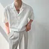 Camisa de Hombre de Manga Media Corta, Cuello Cubano, Tela con Textura de Raya Vertical, Anti-Arrugas, Corte Holgado, Estilo Simple Casual de Verano