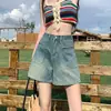 Shorts Jeans Retrô Azuis de Cintura Alta Feminino Verão 2025 Novos Soltos Emagrecedores Finos Linha A Wide-leg Hot Pants