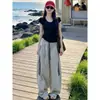 Traje Casual de Moda para Mujer, Nuevo Estilo Verano 2026, Top Negro de Manga Corta, Pantalones de Pierna Ancha de Cintura Alta, Conjunto de Dos Piezas Adelgazante Estilo Coreano