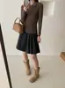 Top de punto de lana pura para mujer, estilo old money, con cuello polo, manga larga, patrón de espiga, de alta gama, para otoño