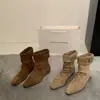 Botas de Tornozelo Retro Camurça Salto Anabela Bico Quadrado para Mulheres 2026 Primavera e Outono Novas Botas Western Cowboy Dobráveis de Cano Médio