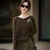 Suéter Fino 100% Lana sin Costuras Cuello Redondo Dobladillo Enrollado Manga Larga para Mujer Otoño Invierno Nuevo Estilo Adelgazante Base Francesa
