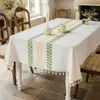 Toalha de Mesa Retangular, Estoque Disponível, Poliéster Bordado com Padrão de Folha de Trigo com Listra Central e Borda de Franjas, Vários Designs Disponíveis para Sala de Jantar e Decoração da Casa, Fornecimento Direto da Fábrica