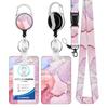 Colgante redondo con patrón de mármol dorado, hebilla fácil de subir, cordón arcoíris de poliéster fácil de subir, funda floral de PVC para tarjetas