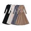 Vestido Largo de Fondo Estilo A de Manga Larga Ajustado con Pliegues en los Hombros para Mujer Otoño Vestido Plisado Irregular Estilo Grande