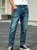 Jeans Ajustados para Hombre Hme, Pantalones de Pierna Recta de Mezclilla Azul Lavada Elástica a la Moda, Exportación a Europa y América