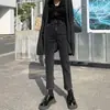Jeans Rectos de Cintura Alta Gris Negro para Mujer Otoño/Invierno 2024 Nuevo Forrado con Felpa Pequeño Nueve Puntos Slim Ajustado Ajustado Pantalones Tubo Smoke