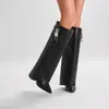 Botas de pantalón negras de microfibra estilo europeo y americano, novedad de otoño e invierno ~ punta, vuelta, hebilla de cinturón, manga, tacón alto grueso, botas altas
