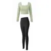 Conjunto de Yoga com Calça Longa Feminina, Decote Quadrado, Manga Longa, Cintura Alta, Calça Esportiva Casual, Conjunto de Duas Peças para Treinamento Profissional de Pilates
