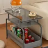 Mesa de Centro de Vidro Temperado Cor Creme, Criativo Armário Lateral de Cabeceira para Quarto, Carrinho Pequeno Multifuncional de Luxo Leve para Sala de Estar