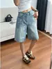 Shorts Jeans Rasgado Estilo Retrô Americano com Manchas Feminino Verão Novo Plus Size Gordinha Cintura Alta Soltos Perna Larga Capris