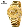 Nuevo Producto Forsining Reloj para Hombre Moda Casual Reloj Dorado Correa de Acero Reloj Mecánico Manual Hueco Venta al por Mayor