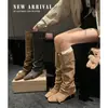 Botas Longas Femininas Modernas 2025 Outono/Inverno Novas de Camurça com Salto Alto e Tiras Bico Quadrado Modelo Solto Reto Acima do Joelho