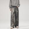 Jeans con Estampado de Tinta Salpicada Estilo AC para Hombre # Pantalones Anchos Sueltos Pesados Lavados a la Americana para Hombre y Mujer