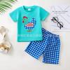 Traje de bebé niño verano camiseta bordada de vaca/gallo con shorts de cuadros