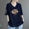 Moda de Descuento para Comercio Exterior Transfronterizo Camiseta de Manga Corta con Cuello en V Estilo Chino Nuevo para Mamá de Comercio Exterior Top Suelto de Media Longitud para Mujer