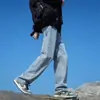 Calça jeans masculina estilo streetwear americana, estilo desgastado, para primavera e outono, reta e solta, estilo streetwear europeu e americano, calças compridas