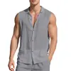 Camisa de lino con solapa de moda europea y americana transfronteriza para hombre, chaleco camiseta sin mangas casual simple suelto de verano fino