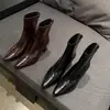 Botas elásticas de piel de oveja cosida botas adelgazantes para mujer otoño e invierno nuevas botas de punta con tacón grueso cremallera trasera en el tobillo elástico para mujer
