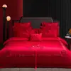 Algodón Puro 100% Nuevo Estilo Chino Bordado de Dragón y Fénix Juego de Cuatro Piezas para Boda, Funda de Edredón Rojo Brillante, Sábana, Ropa de Cama para Dote