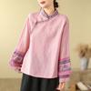Foto Real de Camisas de Algodão e Linho Bordadas de Manga Longa com Gola Alta e Fechamento Oblíquo para Mulheres Estilo Chinês Retrô Zen Camisa de Chá