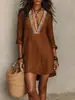 Moda Feminina Transfronteiriça Europeia e Americana Independente Verão 2026 Novo Vestido Elegante Estilo Resort de Manga Média com Decote V
