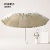 Paraguas coreano fresco y sencillo de encaje con mango pequeño curvo, plegable, doble uso para sol y lluvia, con revestimiento de color, paraguas de protección solar