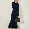 Vestido Francês Feminino Transfronteiriço Novo Gola Redonda Manga Sino Single-Breasted Estilo Commuter Elegante Preto Saia Longa