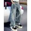 2026 Novos Jeans Americanos Retrô com Strass Hot-fix Azul Lavado de Perna Larga Reta para Homens e Mulheres Leves Soltos de Luxo Calças Longas
