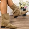 Botas Western de Cowboy Plisadas Marrones para Mujer Verano 2025 Nuevas Botas de Caballero de Color Sólido con Tacón Grueso