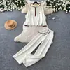 Conjunto de dos piezas para mujer: cárdigan de punto con capucha de estilo casual y pantalones de pierna ancha, conjunto elegante casual de punto ajustado para otoño, atuendo para ir al trabajo