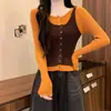 Blusa de tricô estilo coreano com color-blocking, falsa peça dupla, manga longa, para mulheres, novo design de outono, peça externa de caimento justo