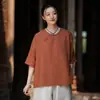 Camisa de manga corta de verano, top de algodón y lino con botones para mujer, estilo chino vintage, corte holgado, cuello diagonal, atuendo Zen para té, camiseta de madre