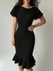 Vestido Elegante Adelgazante de Color Sólido con Mangas Abullonadas y Falda de Cola de Pez, Venta Caliente Europea y Americana