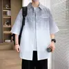 Camisa de Seersucker de Manga Corta para Hombre, Verano, Sensación de Hielo, Estilo Delgado, Camisa de Manga Tres Cuartos, Chaqueta Camisa de Media Manga con Gradiente de Moda