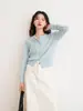 Chaqueta Cardigan de Punto Azul Claro para Mujer 2026 Nuevo Primavera y Otoño Cuello Redondo Elegante Manga Larga Estilo Coreano Corte Recto Versátil