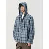 Camisa Xadrez de Seersucker com Capuz e Mangas Longas para Homem, Camisa de Alta Qualidade com Proteção Solar, Jaqueta Casual com Caimento Solto e Relaxado, Moderna