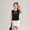 Pudding Camiseta Regata Casual com Estampa de Carta de Menina Haru 2025 Novo Verão Infantil Confortável Moda Sem Mangas